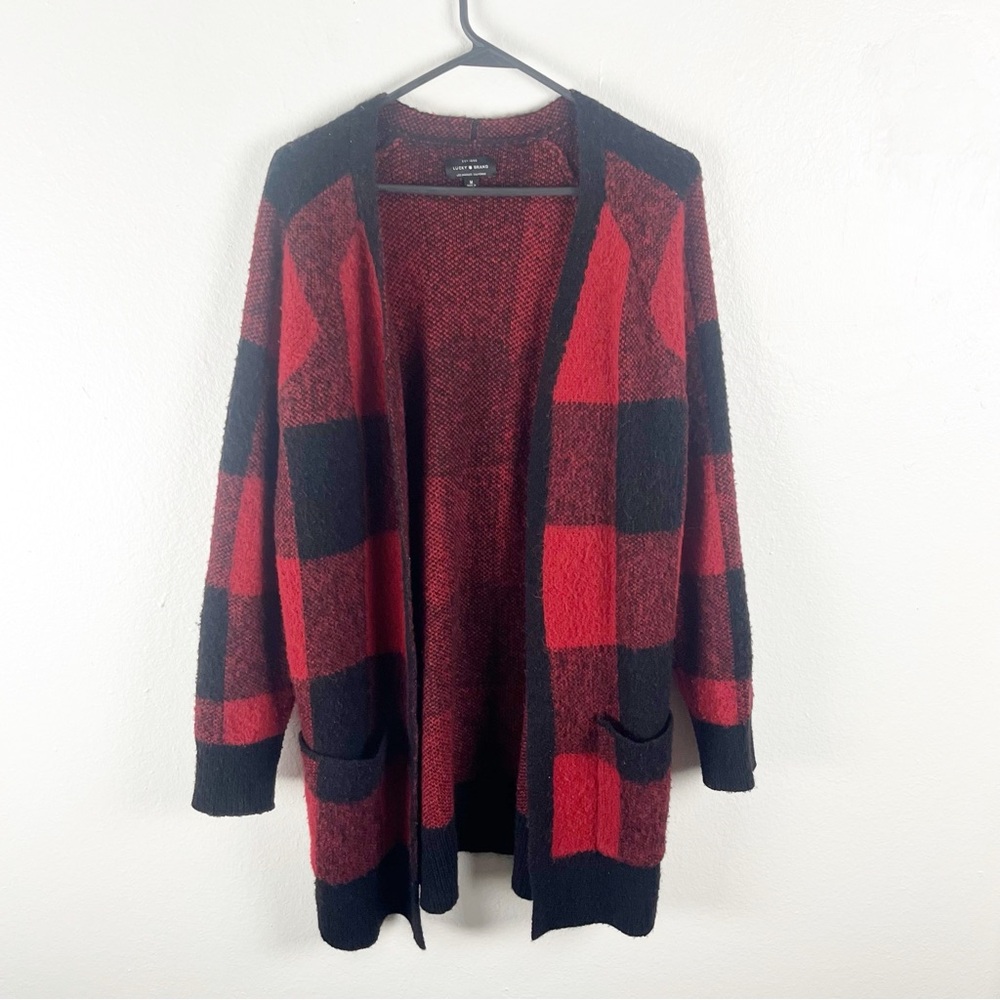 LUCKY BRAND Red Black Check Wool Blend Long Open Cardigan Medium Rustic Cabin